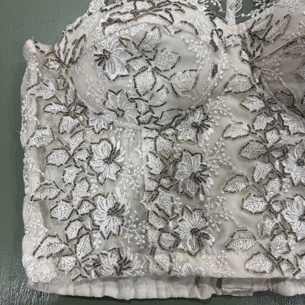 Fashion‎ Fantasy Bustier White Halter Beaded Leaves Floral Funky Vintage